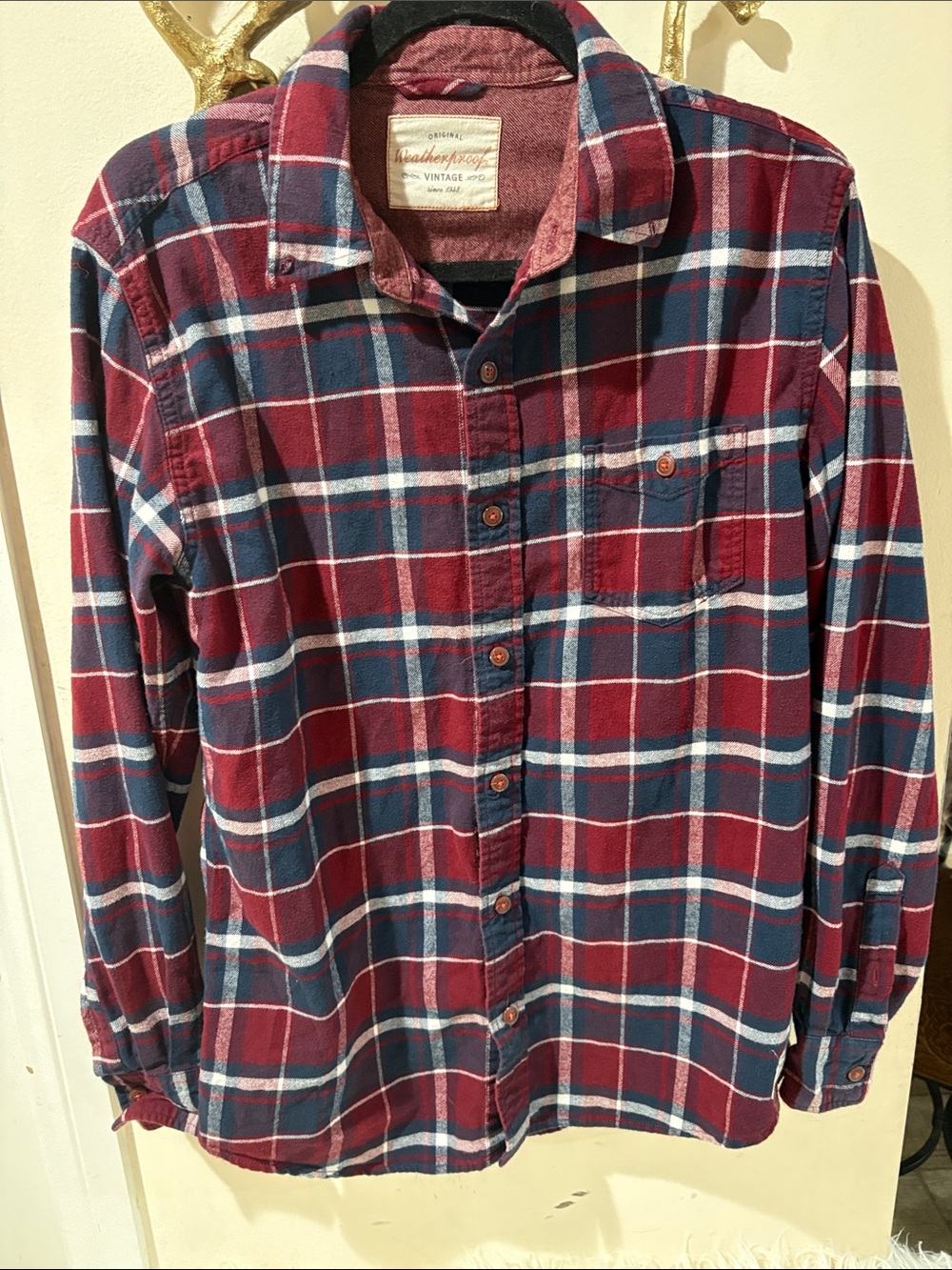 Weatherproof Men’s Burgundy and Navy Plaid Button-Down Flannel ShirtM nosize tag